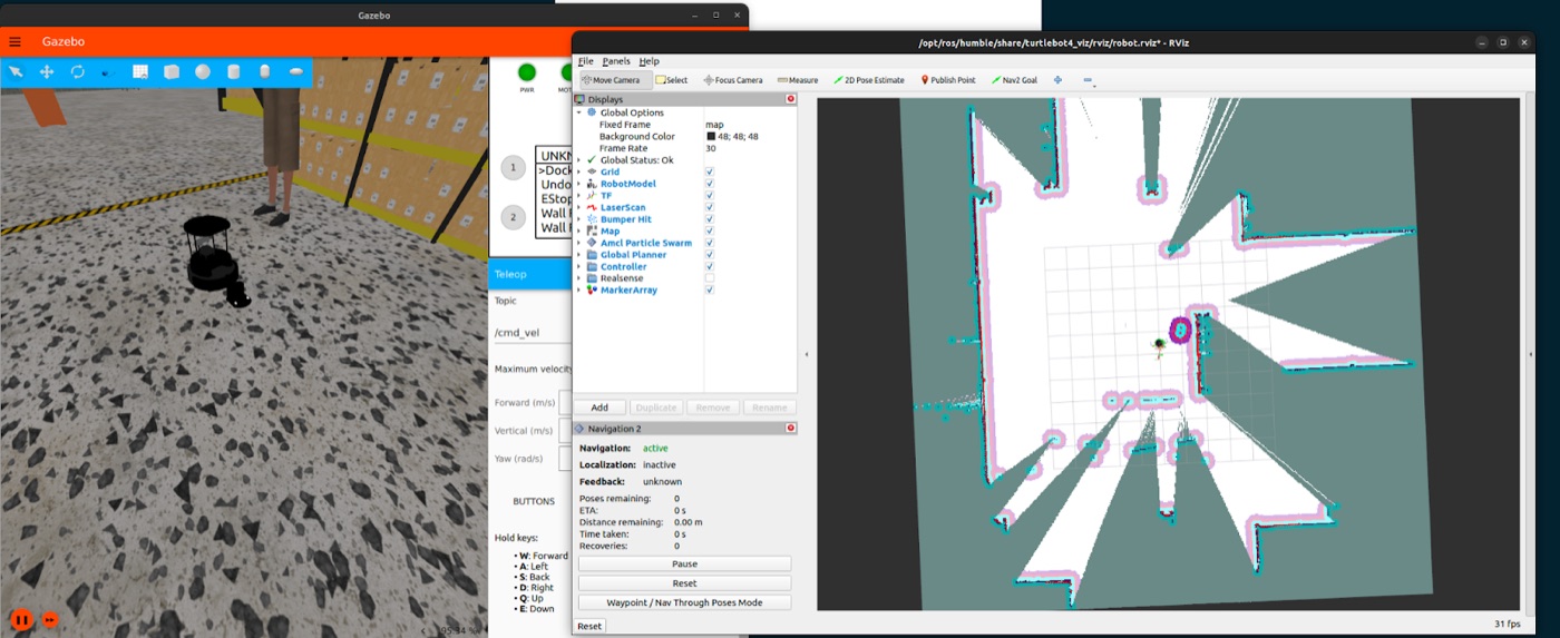 Gazebo simulator next to rviz2 map visualization